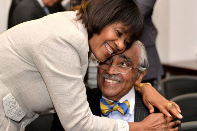 Jamaica PM Portia Simpson hugs U.S. Congressman Charles Rangel