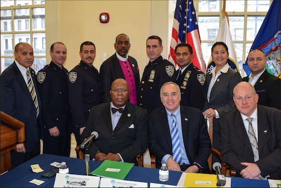   Clockwise from left: Edmund A. Sadio, board chairman of CACCI; Det. Roberto Diaz, Det. Ahmed Nasser, Bishop Cecil Riley, P.O. Elvis Vukelj, Lt. Adeel Rana, Inspector Ellen Chang, Sgt. Moise Naolo; Mark Jaffe, president and CEO of Greater New York Chamber of Commerce; NYS Comptroller Thomas P. DiNapoli and Dr. Roy Hastick, president and CEO of CACCI. Eagle photos by Rob Abruzzese.